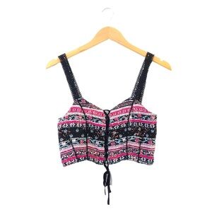 LF x Millau Black + Pink Floral Striped Lace Front Tie Boho Chic Crop Top S